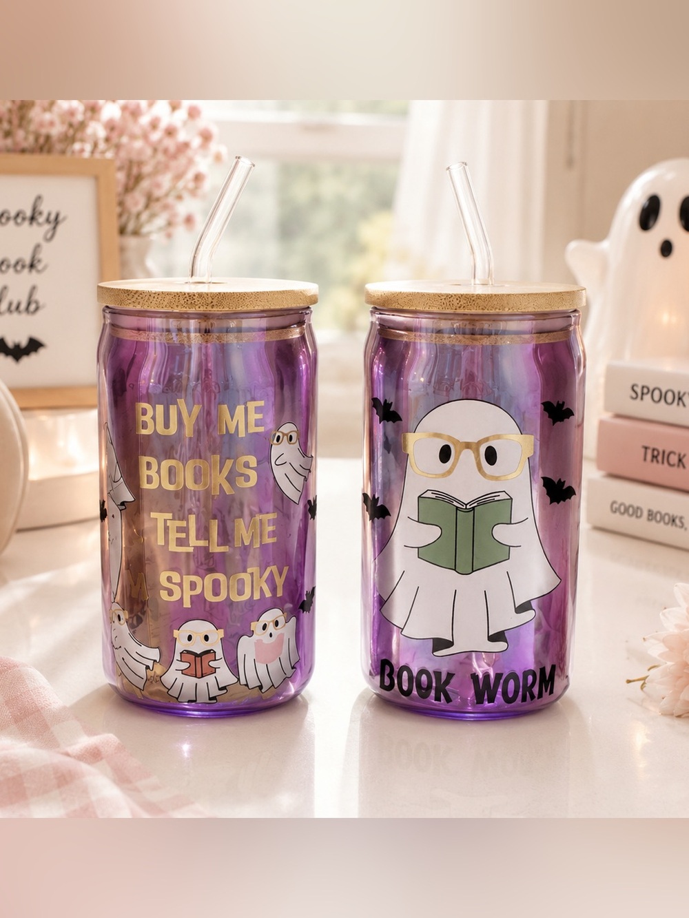 NWT Halloween Ghost Book Lover 2-Piece Can Glass Tumbler Set w/ Straws